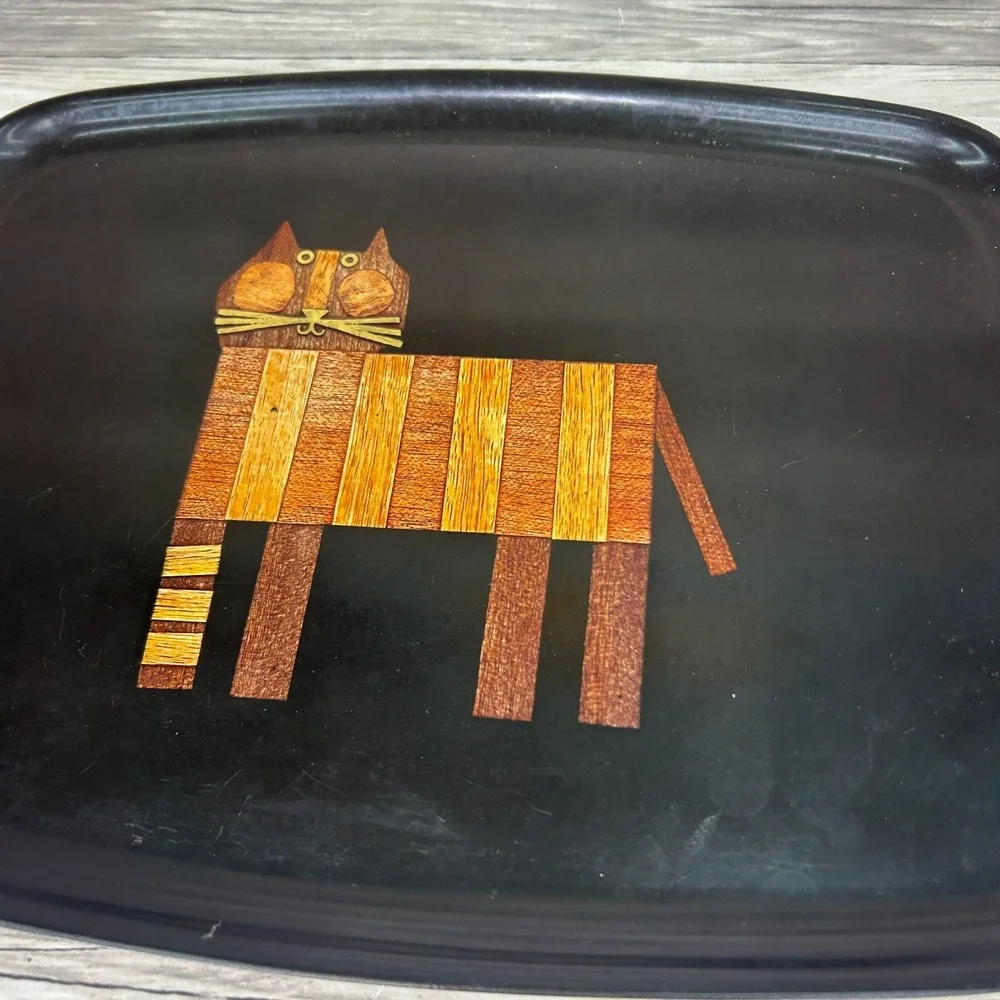 Couroc Of Monterey Serving Tray Hand Inlaid Wood Cat Vintage MCM